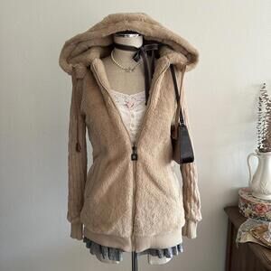 Brown fuzzy hooded zip up jacket